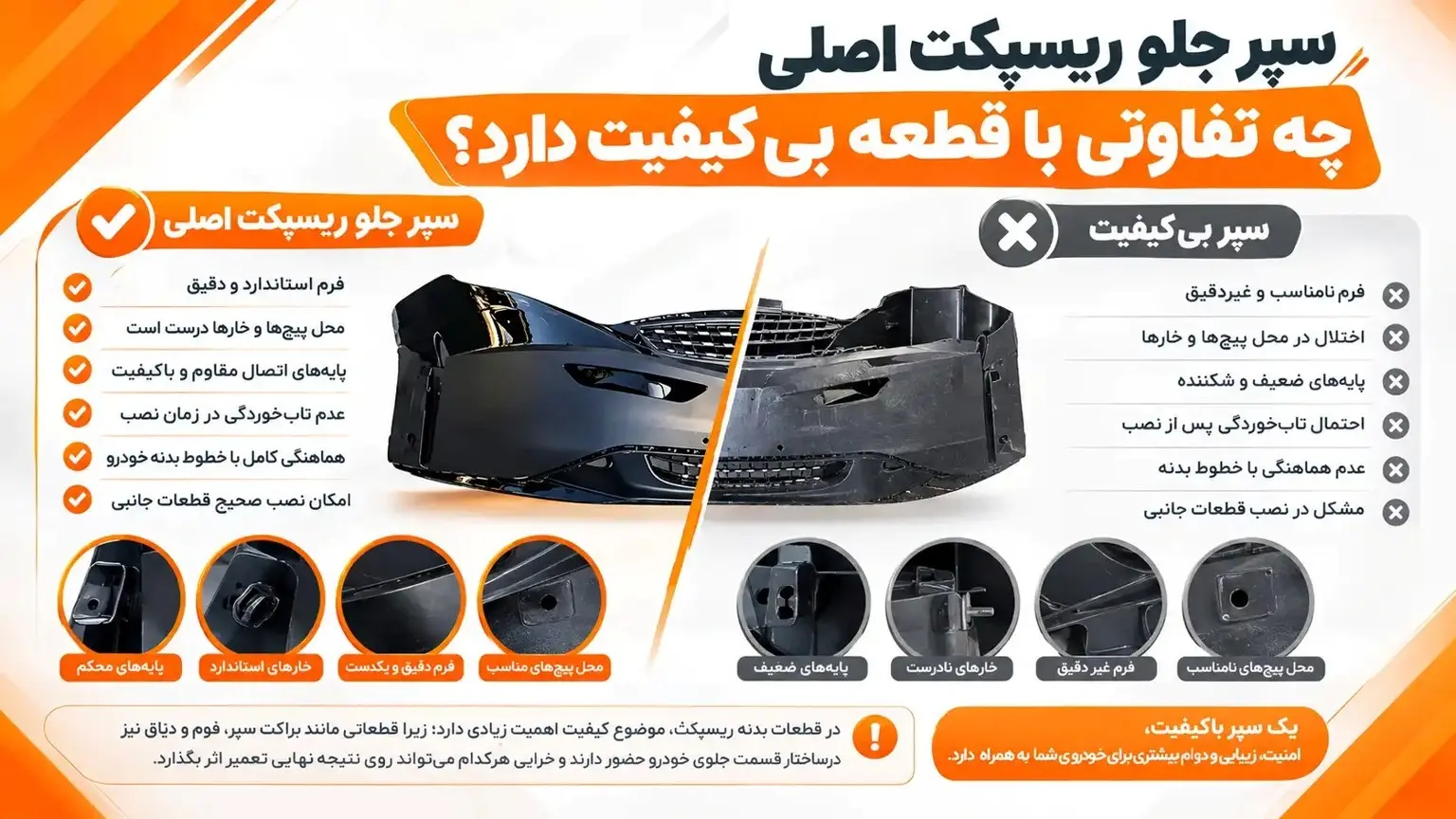 سپر جلو ریسپکت اصلی چه تفاوتی با قطعه بیکیفیت دارد؟