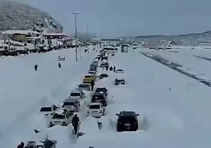 ببینید| وضعیت جاده امامزاده هاشم در برف و  کولاک