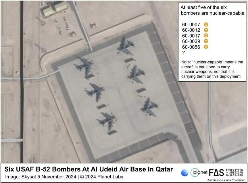 نخستین تصویر از استقرار ۶ فروند هواپیمای بمب افکن غول پیکر B-52 آمریکا در قطر