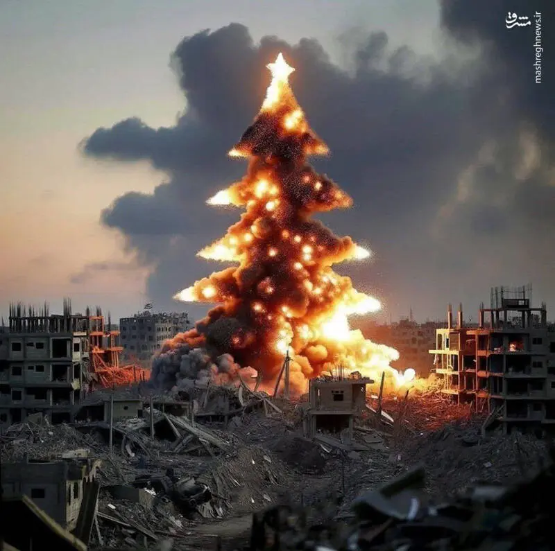 درخت کریسمس در غزه با آتش و دود