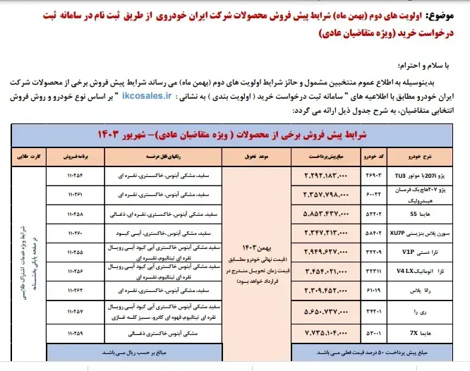 پیش فروش محصولات ایرن خودرو 