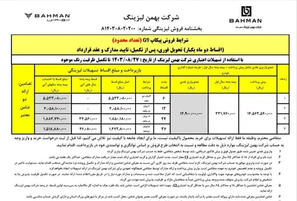 طرح فروش پیکاپ G9 آبان 1403 با اقساط بلند مدت+ جدول و شرایط