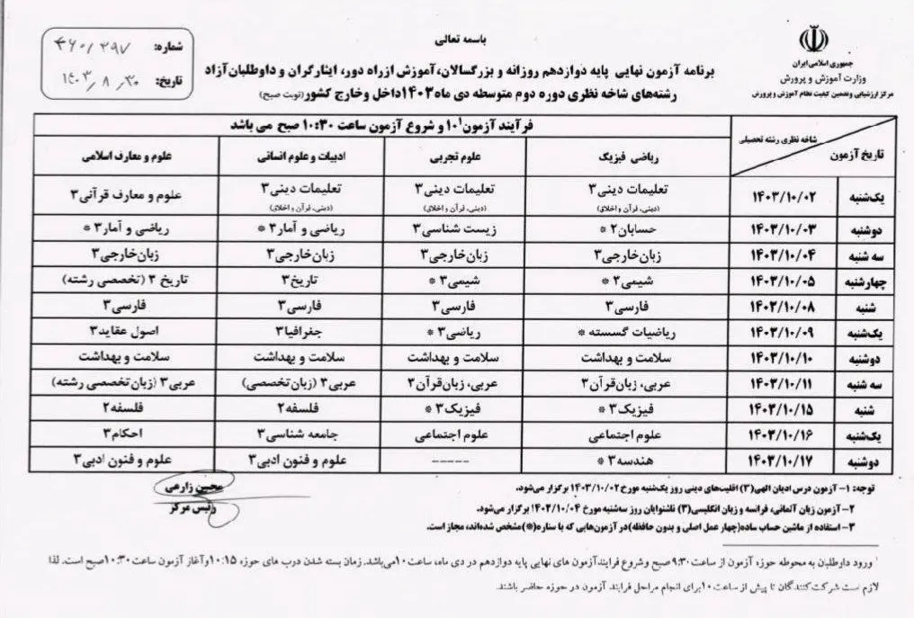 امتحانات نهای 4 آذر 1403 