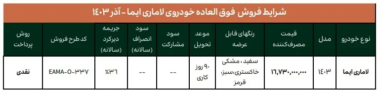 طرح فروش فوق العاده لاماری ایما آذر 1403 + جدول و شرایط