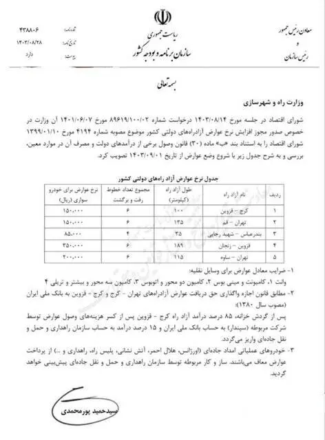 اعلام نرخ جدید عوارض ۵ آزاد راه کشور 