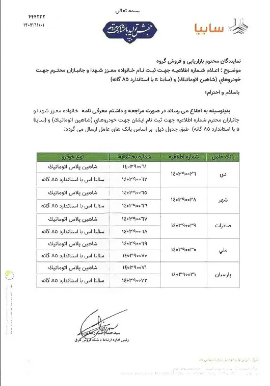 فروش ۲ خودرو شاهین و ساینا ویژه جانبازان - ۱ بهمن ۱۴۰۳