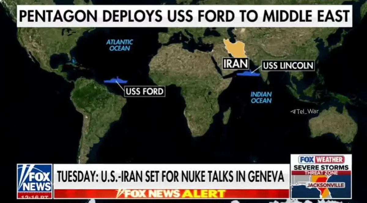 تصویر فاکس‌نیوز از موقعیت ناو جرالد فورد که در راه ایران است