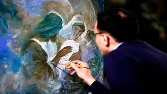 نقاشی حسن روح‌الامین با موضوع ولادت حضرت زهرا (س)