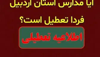 
تعطیلی مدارس قطعی شد| تعطیلی مدارس اردبیل فردا چهارشنبه ۱۲ دی ماه ۱۴۰۳