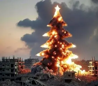 درخت کریسمس در غزه با آتش و دود