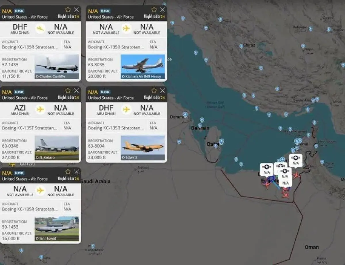 فوری/ چندین هواپیمای سوخت‌رسان KC-135 نیروی هوایی ایالات متحده، دقایقی قبل از امارات متحده عربی برخاستند