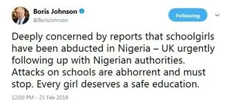 واکنش بوریس‌ جانسون به ربوده شدن دانش‌آموزان توسط بوکوحرام