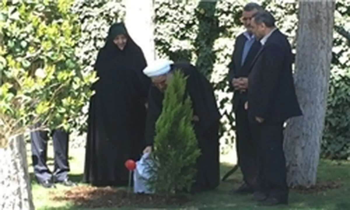روحانی در حاشیه ساختمان هیأت دولت یک نهال کاشت