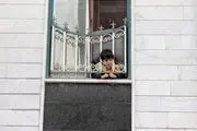 سر پسربچه بازیگوش میان حفاظ پنجره